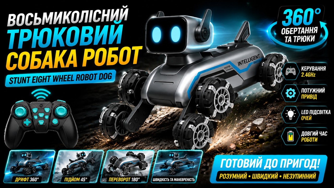 Stunt eight wheel robot dog Восьмиколісний трюковий собака робот