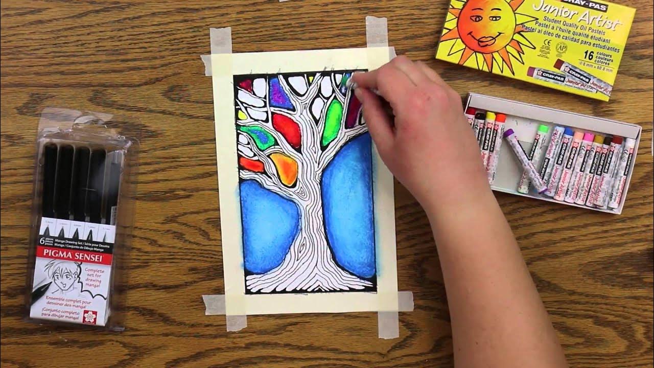 ART VIDEO: How to draw with OIL PASTELS (Sun Landscape lesson