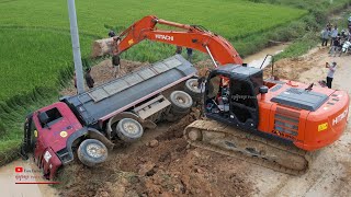 : Unexpected Dumper Truck Fall Down In Water And Fails Recovery With Hitachi Zaxis 210LCH