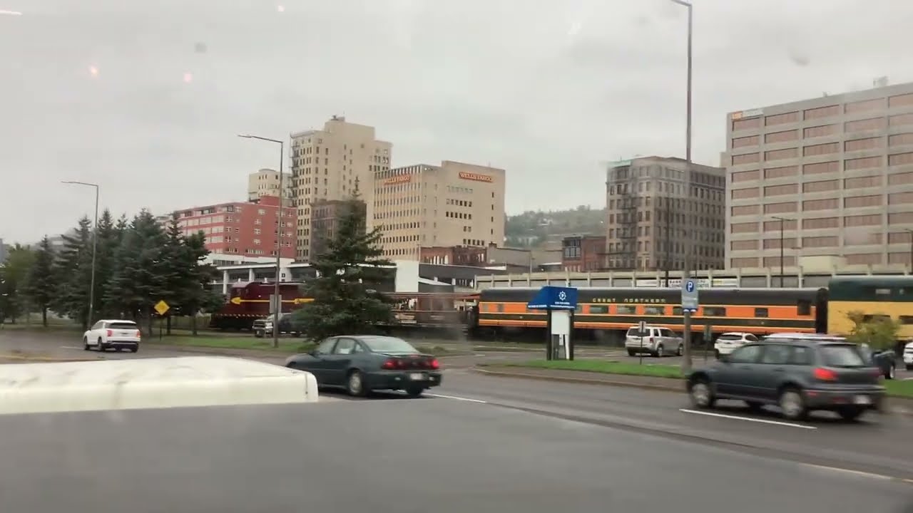 Missabe 193 leads an NSSR tourist train in downtown Duluth Minnesota