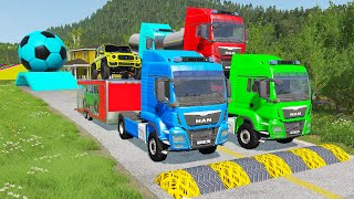 Double Flatbed Trailer Truck vs Speedbumps Train vs Cars | Tractor vs Train Beamng.Drive 050