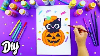 COMO DIBUJAR UN GATO DENTRO DE UNA CALABAZA! DIBUJOS KAWAII DE HALLOWEEN   Mery