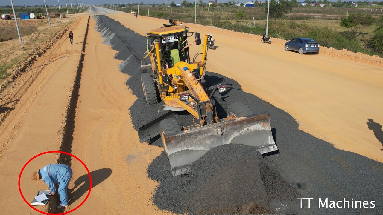 Great Job Completed Connect Road To Bridge By Motor Grader Grading Gravel Making New Foundation Road