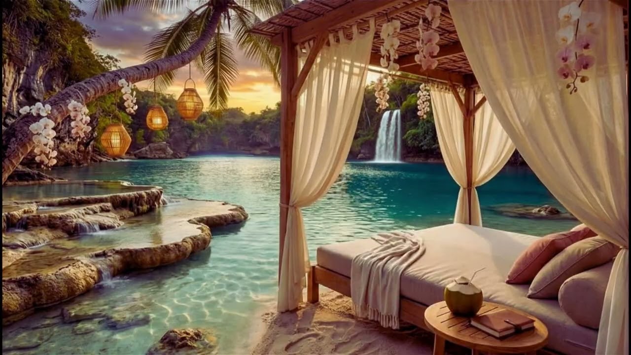🌅 Sunset Lagoon Cabana Ambience 🌊 | Tropical Waterfall Paradise Escape | 3 Hours | No Music