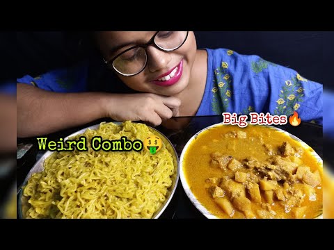 Eating Noodles & Chicken Keema Curry|weird Combo|Indian Food Mukbang|Asmr Big Bites🔥|Messy Eating😃