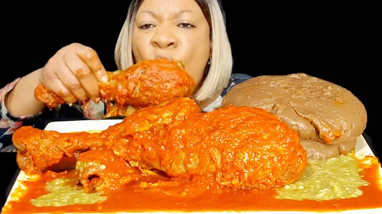 African food mukbang okra stew and brown fufu Asmr Nigeria food eating ssound