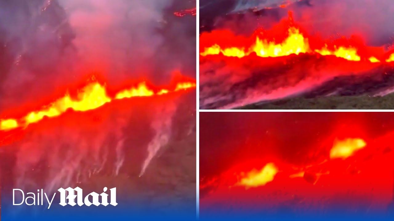 Dramatic aerial footage shows red-hot lava spewing out of volcano in Iceland