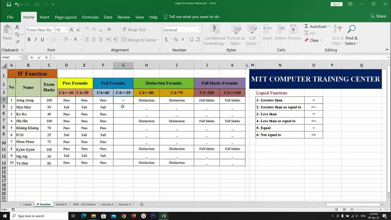 IF Function+ Logical Functions to calculate the exam results - YouTube