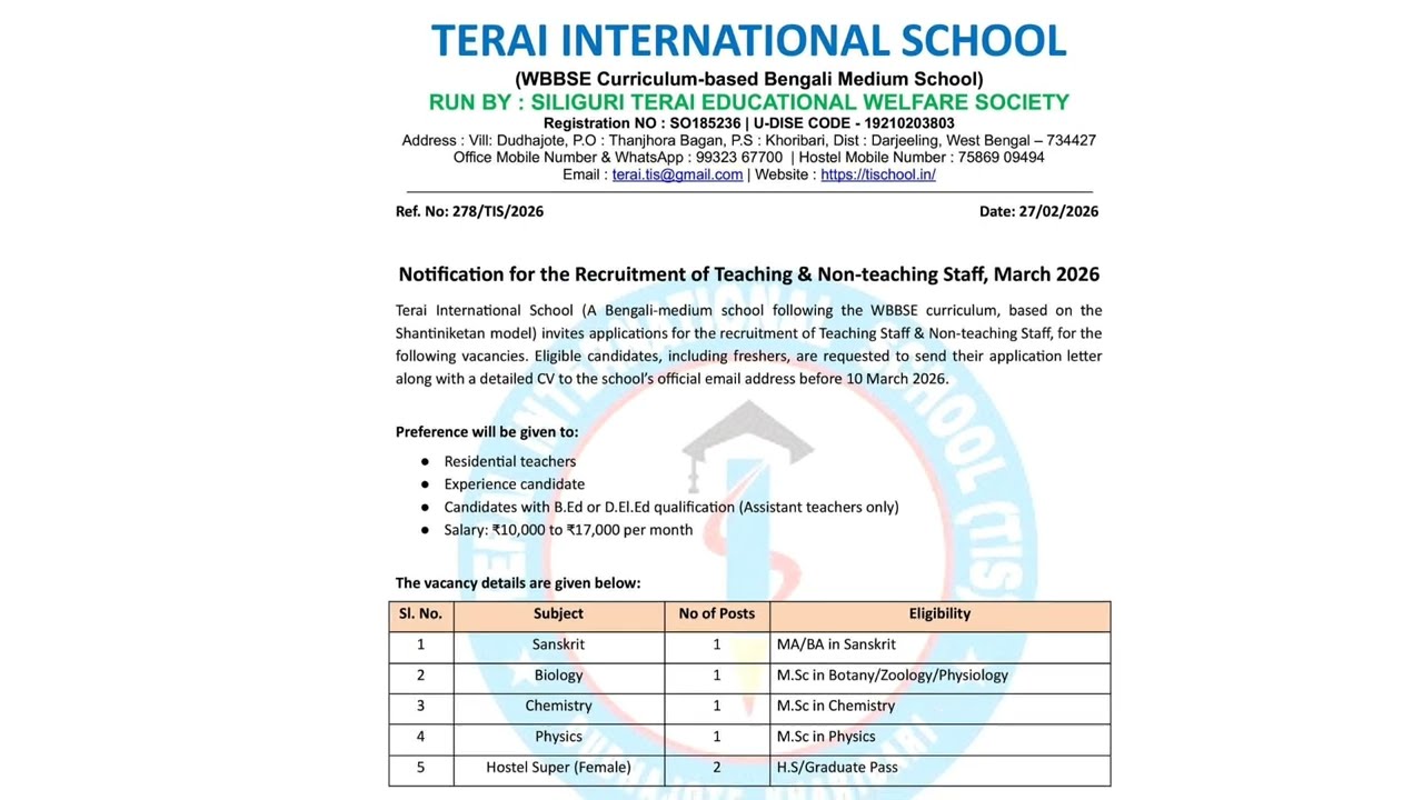 Terai International School বাংলা মাধ্যম Teaching & Non-Teaching Recruitment 2026....