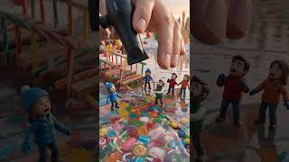 Frozen Candy Lake Rescue 😱 Giant Hand Saves Tiny People #shorts#viral #miniature #rescue #tinyworld