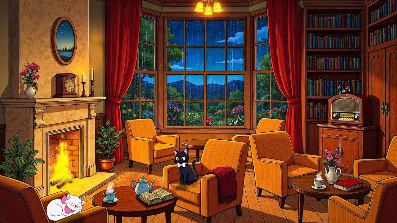 1950's cozy rainy night by the fireplace with oldies playing in another room (relax/unwind/reading)
