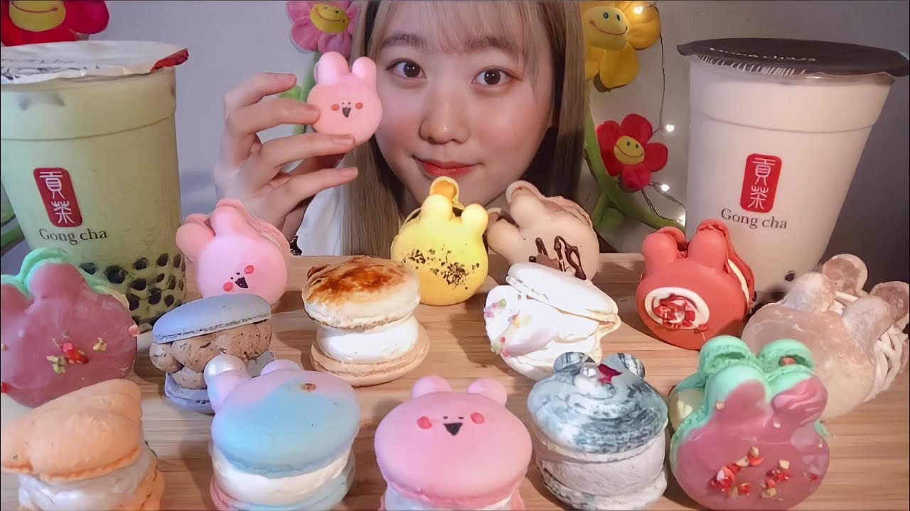 ASMR トゥンカロン ゴンチャ Fat Macarons Gong Cha 뚱카롱 공차【咀嚼音/大食い/Mukbang/Eating Sounds】