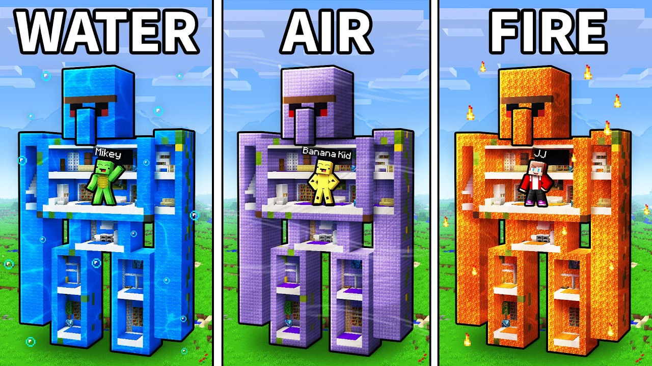 JJ and Mikey: ELEMENTAL GOLEM BATTLE in Minecraft...