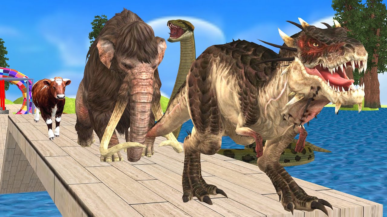 An Obstacle Game with Wild Animals Woolly Mammoth, Dinosaur, Cow Cartoon Tiger Wild Animal Games
