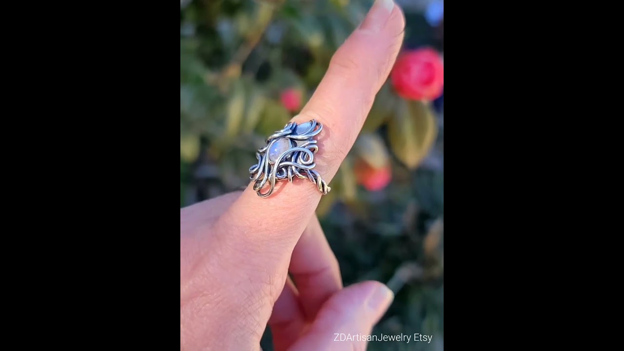 Moonstone handmade sterling silver fantasy flowing ring