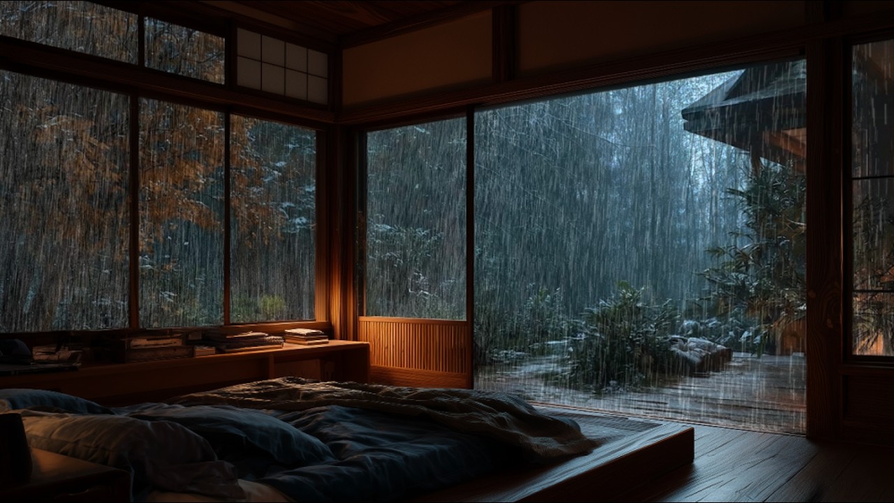 Звуки ночного дождя в лесу в традиционном рёкане🌧️Уютный столик у окна и вид на сад для крепкого сна
