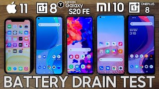 OnePlus 8T vs iPhone 11 \/ Xiaomi Mi 10 \/ Galaxy S20 FE \/ OnePlus 8 - BATTERY DRAIN TEST!