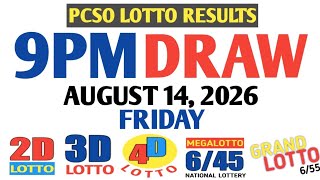 Lotto Result Today 9PM Friday pcso 2d 3d swertres ez2 August 14 2026 4d 6/45 6/58