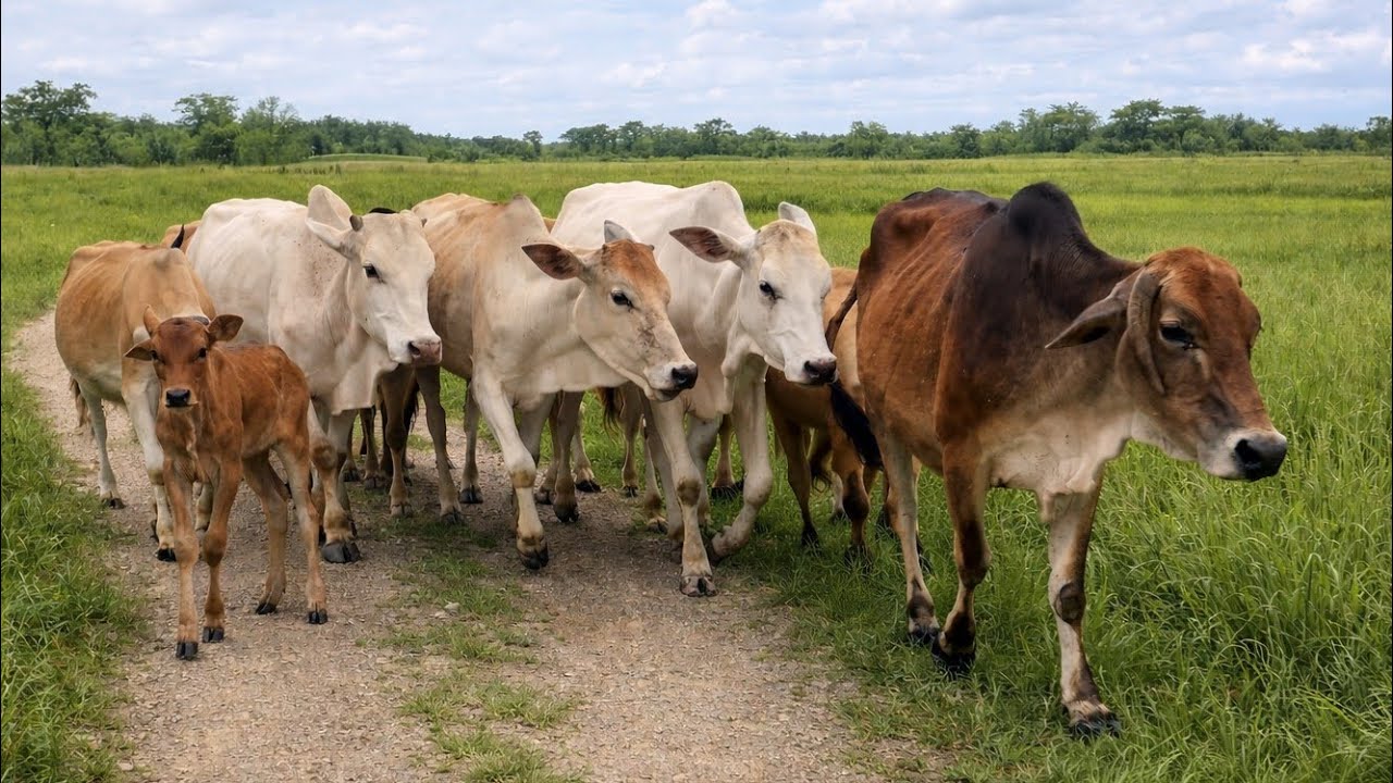 Video Gembala sapi lembu jinak di desa bergerombolan keluar kandang pedesaan menuju ke pegunungan.