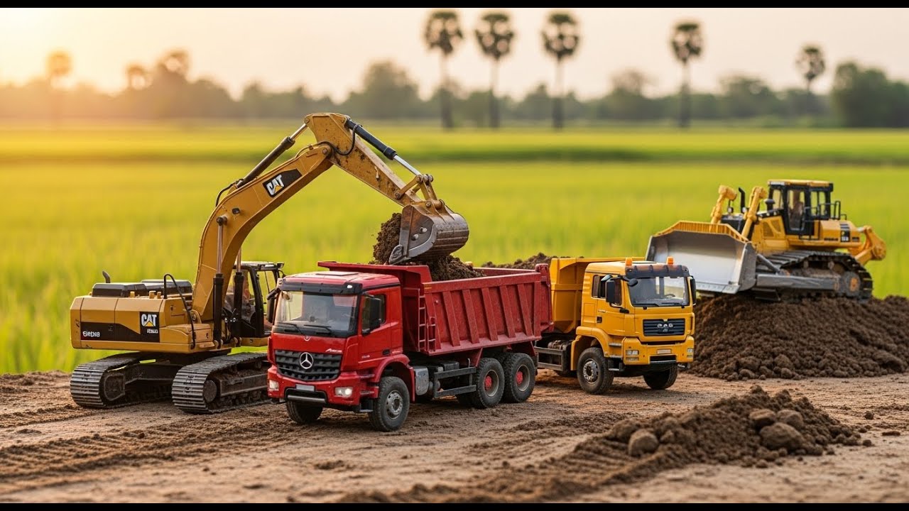 RC Road Construction – CAT Excavator & Dump Trucks Build a New Countryside Road.