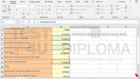 Use the proper function in the cell C2, to calculate the yield on a security that pays periodic...