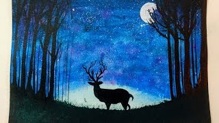forest night painting watercolor starry
