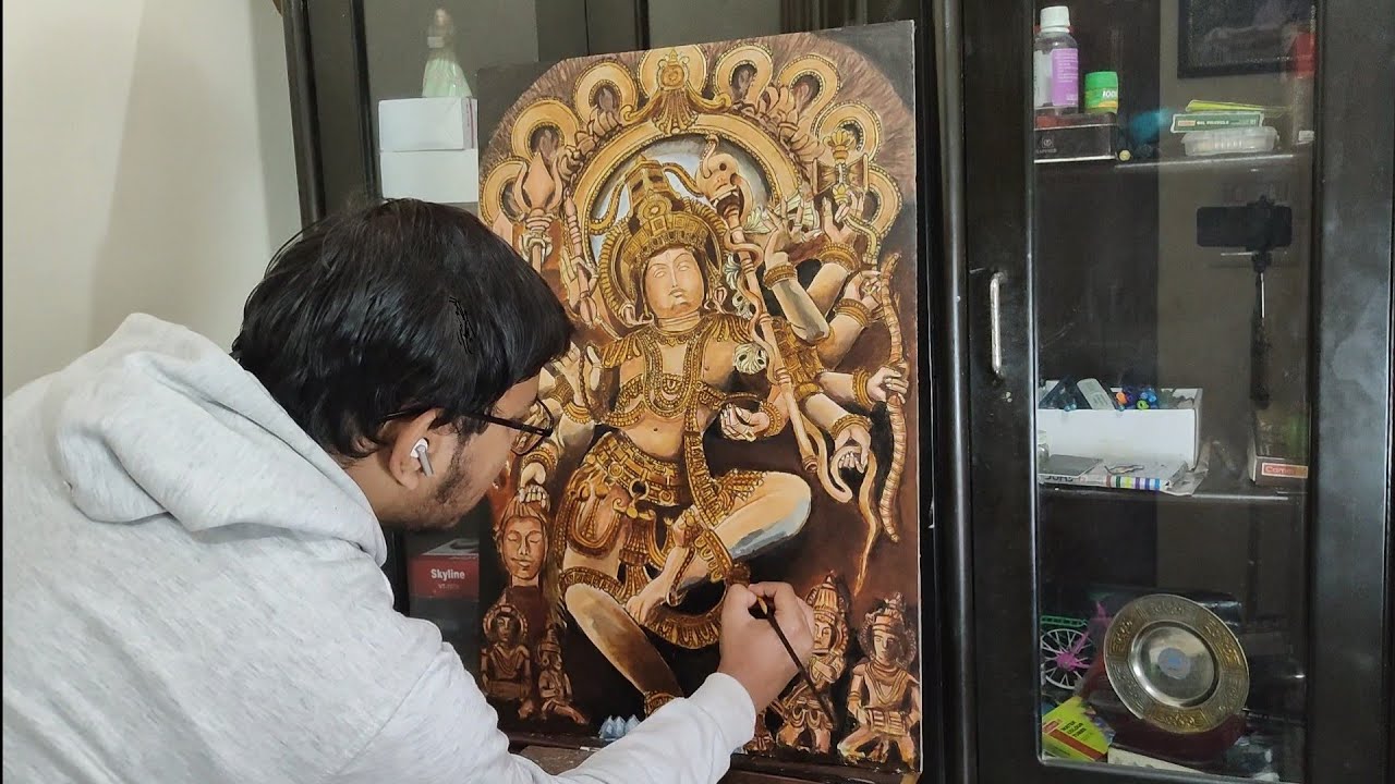 Acrylic Painting Of KaalBhairava's Sculpture | Hoysaleswara Temple | Time Lapse