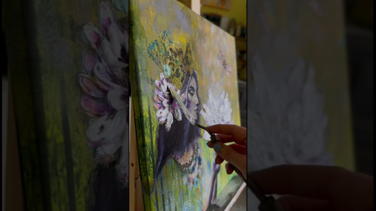 Embellishing a canvas print with thick texture 🪷✨ 