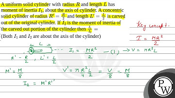 A uniform solid cylinder with radius \(R\) and length \(L\) has moment of inertia \(I_1\), about....