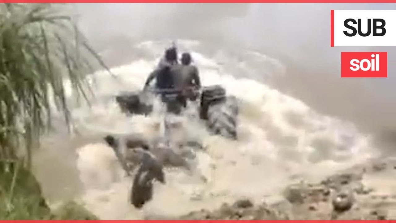 Farmers drive their tractor underwater like a submarine to cross between farms  SWNS TV