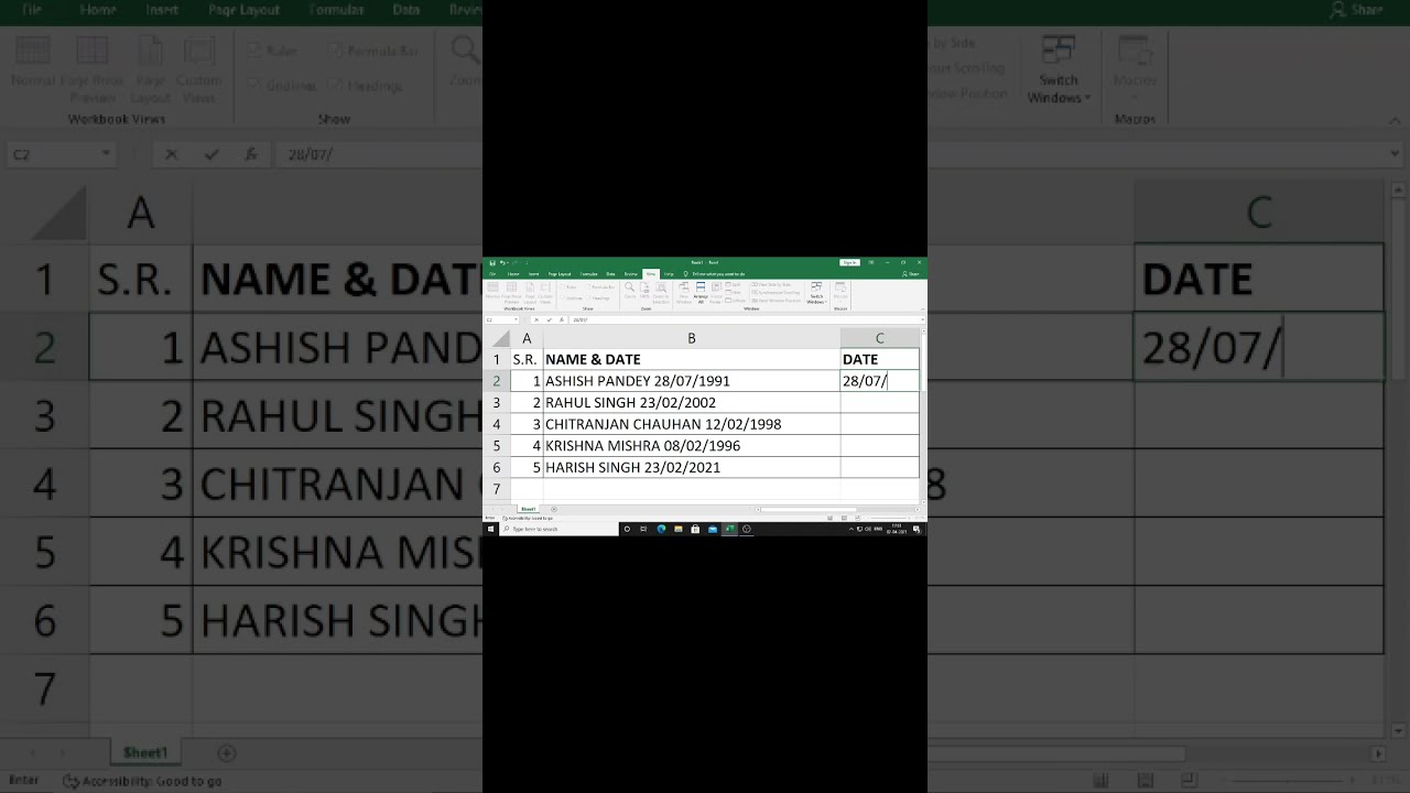 Ms Excel 2019 Flash Fill Short Video. How To Separate A Date From A Cell. #shorts