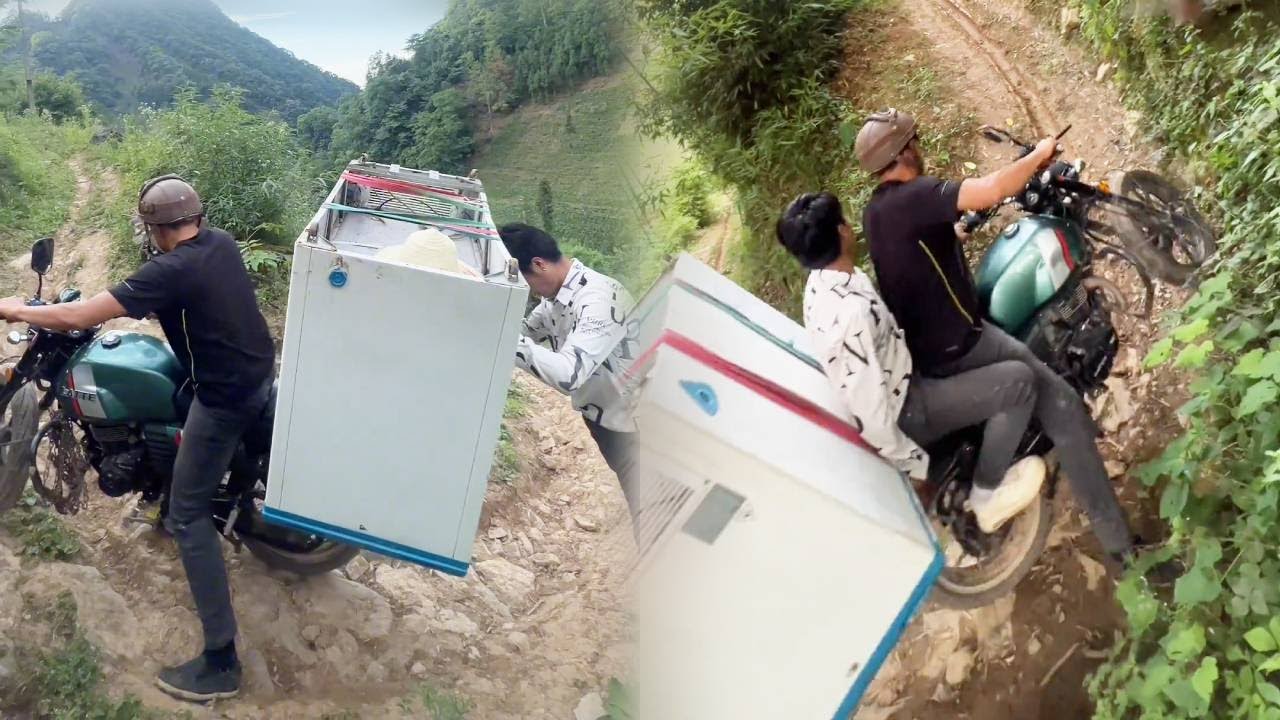 Motorcyclist Carries Large Freezer On Winding And Dangerous Mountain Road！