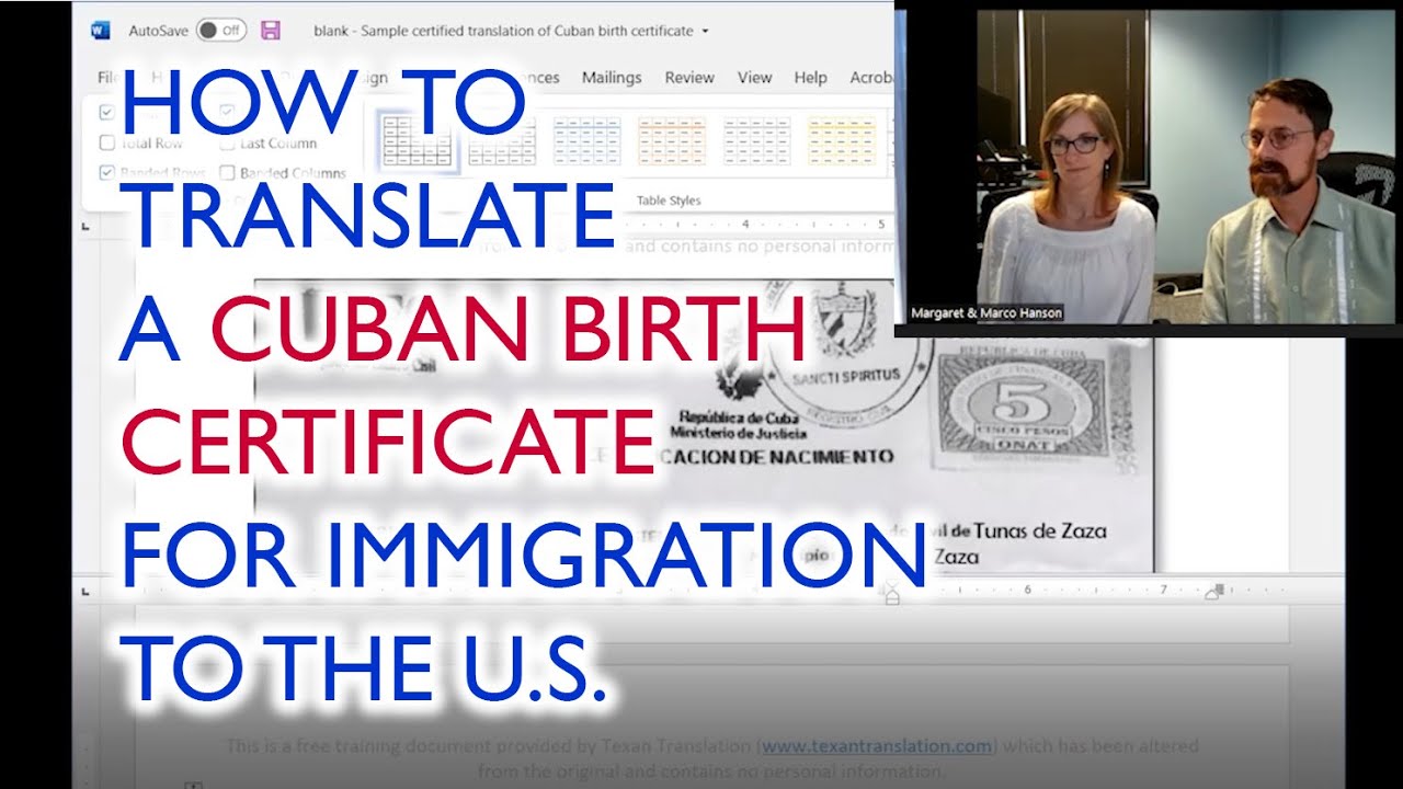 Cuban Birth Certificate Translation Template