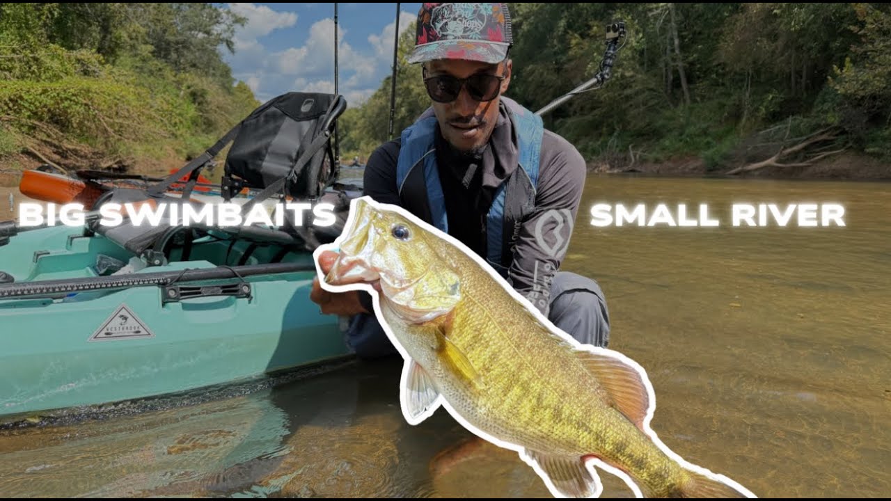 Skipping Big SWIMBAITS on RIVER for MONSTER BASS #kayakbassfishing #bonafidekayaks