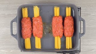 Wrap The Spaghetti In Ground Beef \& Throw It In The Oven For 30 Minutes