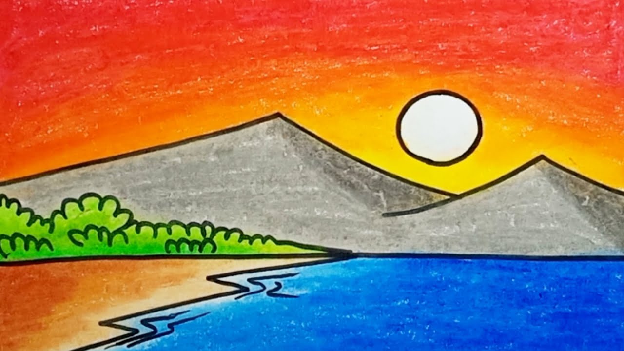 How To Draw Scenery Sunset And Beach Easy Step By Step |Drawing Scenery ...