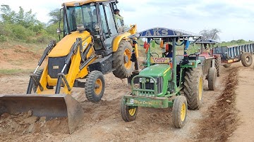 JCB 3DX Backhoe Loader Loading Mud Work By John Deere Tractor | tractor video | come to village|