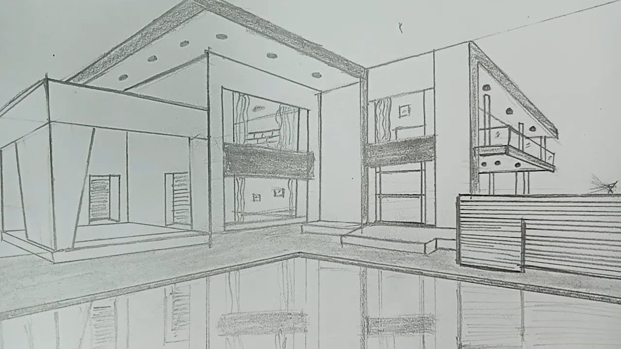 How to draw a building & Swimming pool || 02-points perspective drawing ...
