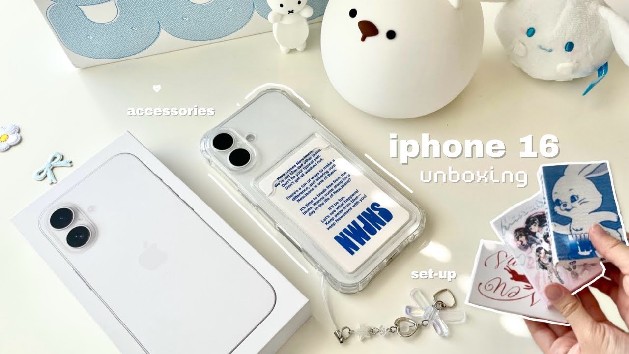 iphone 16 unboxing (white)🎐🤍: aesthetic setup, kpop photocards, miffy, asmr