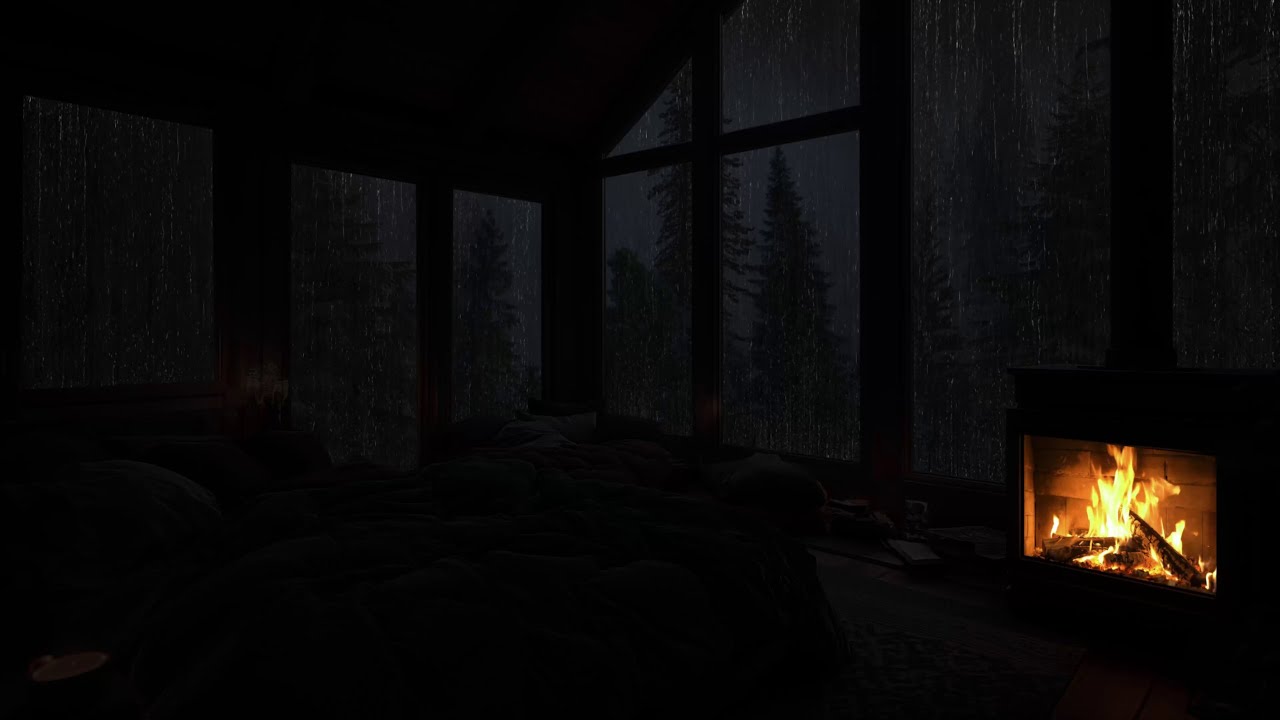 Rainy Night in a Warm Attic Fireplace Ambience Relaxing Rain Sounds for ...