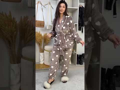 Жіноча тепла махрова піжама з велсофт із кишенями, великі розміри, видео 3