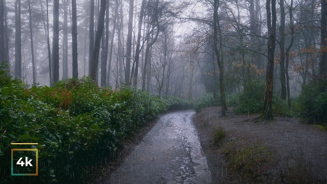 4K Relaxing Rain Walk in Misty Forest 🌧️ Heavy Rain & Fog Ambience ...