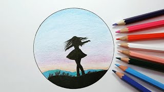 How To Draw Landscape Easy Tutorial رسم سهل منظر طبيعي في دائرة بالألوان الخشبية بالخطوات للمبتدئين