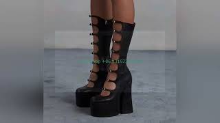 Sole Black Hollow Calf Boots Side Zipper Rough Square Heel Pole Dance Shoes Super Heel Y