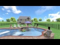 3D rendering of paver pool deck walkthrough with people and patio furniture 3D rendering of paver pool deck walkthrough with people and patio furniture