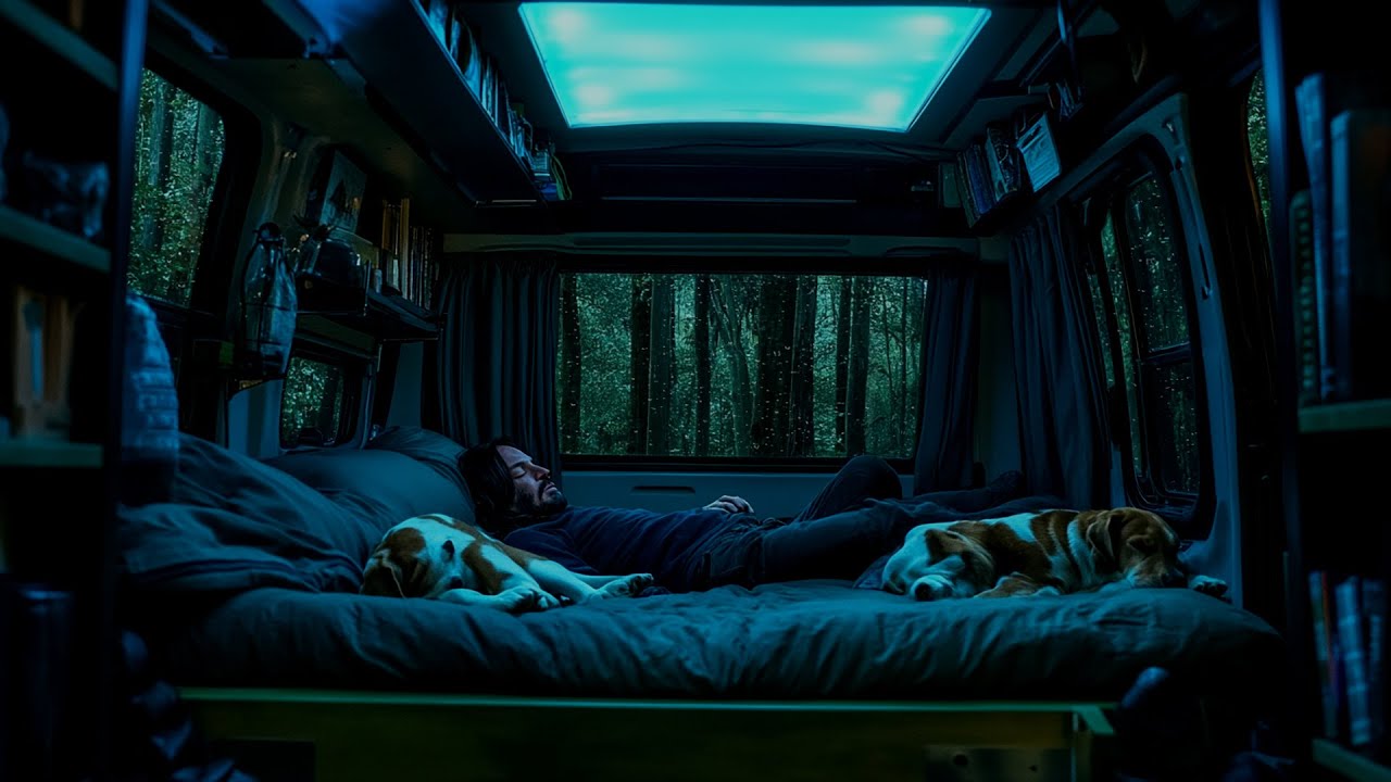 Misty Forest Van Life: Heavy Rain on Camper Roof Sounds with Dogs for Deep Relaxation