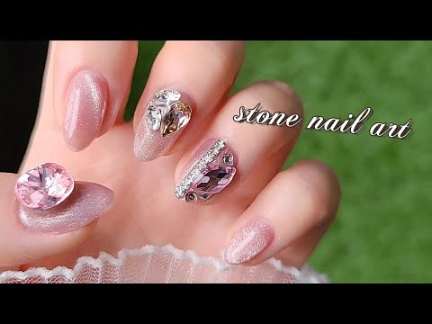[셀프네일] 여리여리 청순한 네일아트, 빅 브이컷스톤 붙이는 방법 (feat.도깨비젤) stone nail art