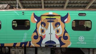 (4K) 1744次 新竹市立動物園REBORN彩繪列車(EMU603)停靠及離開竹中車站