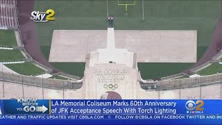 LA Memorial Coliseum Torch Being Lit To Honor 60th Anniversary Of Famous JFK Speech
