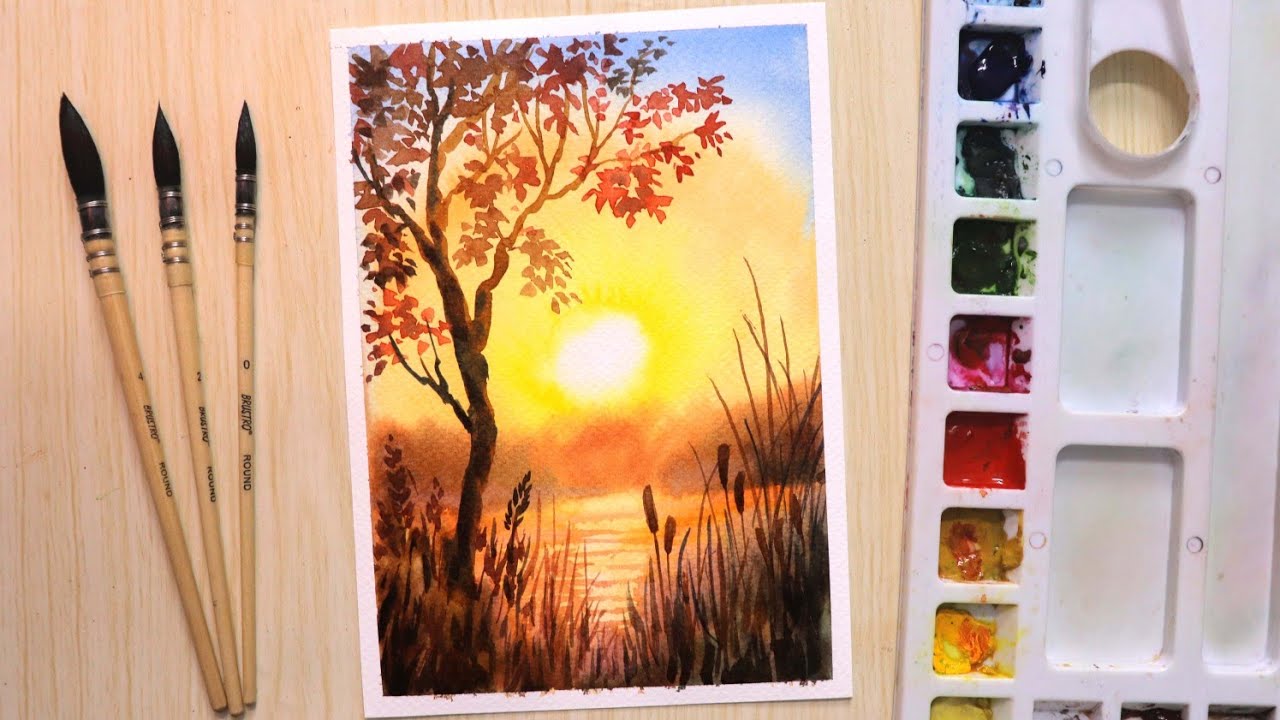 Watercolor Painting For Beginners Beautiful Sunset And Tree Youtube
